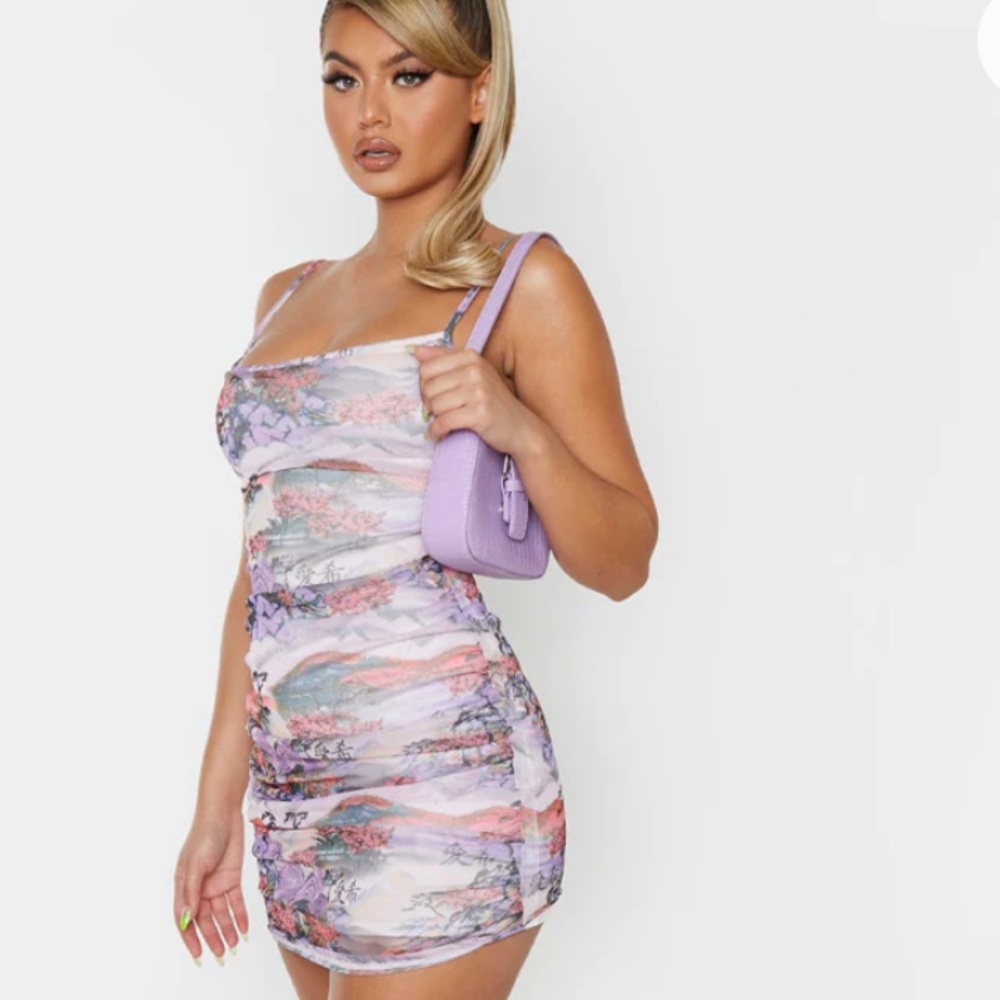 🌸 PrettyLittleThing | Lilac Mixed Print Mesh Ruched Strappy Bodycon Dress 🌸